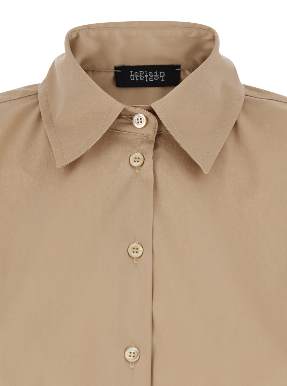 Beige Cotton Shirt with Classic Collar and Button Cuffs for Women Nylon Elastane Blouses