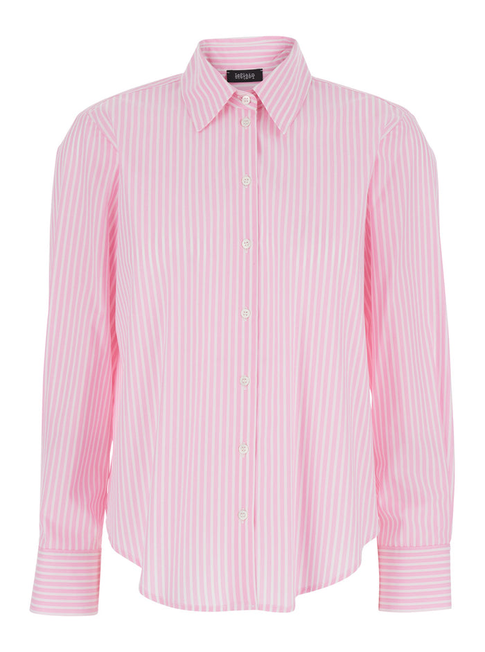 Pink Shirt with Classic Collar and Striped Motif in Cotton Woman Blouses