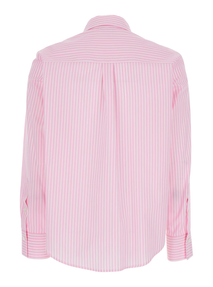 Pink Shirt with Classic Collar and Striped Motif in Cotton Woman Blouses