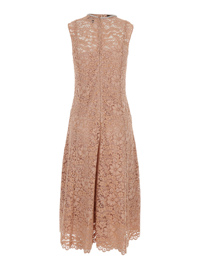 Pink Long Dress with All-Over Lace Detail in Cotton Blend Woman Nylon