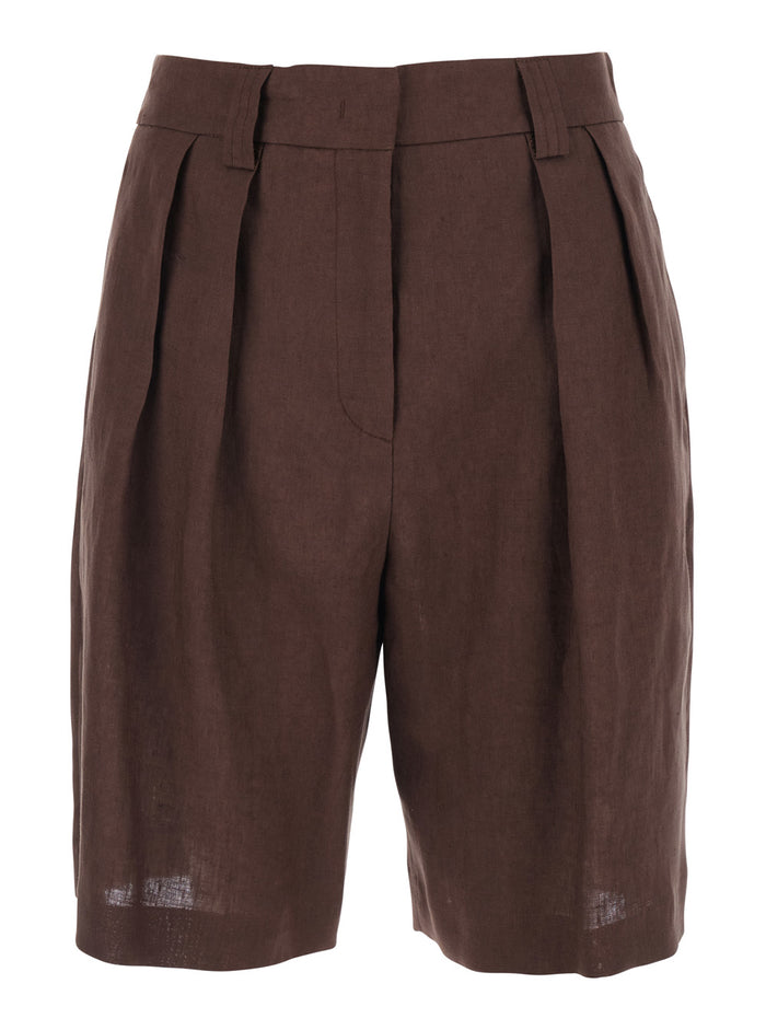 Brown Linen Front Pleated Shorts for Women And Bermuda