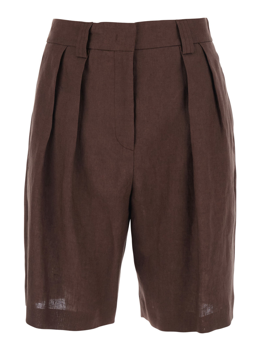 Linen Shorts Front-Pleated Brown