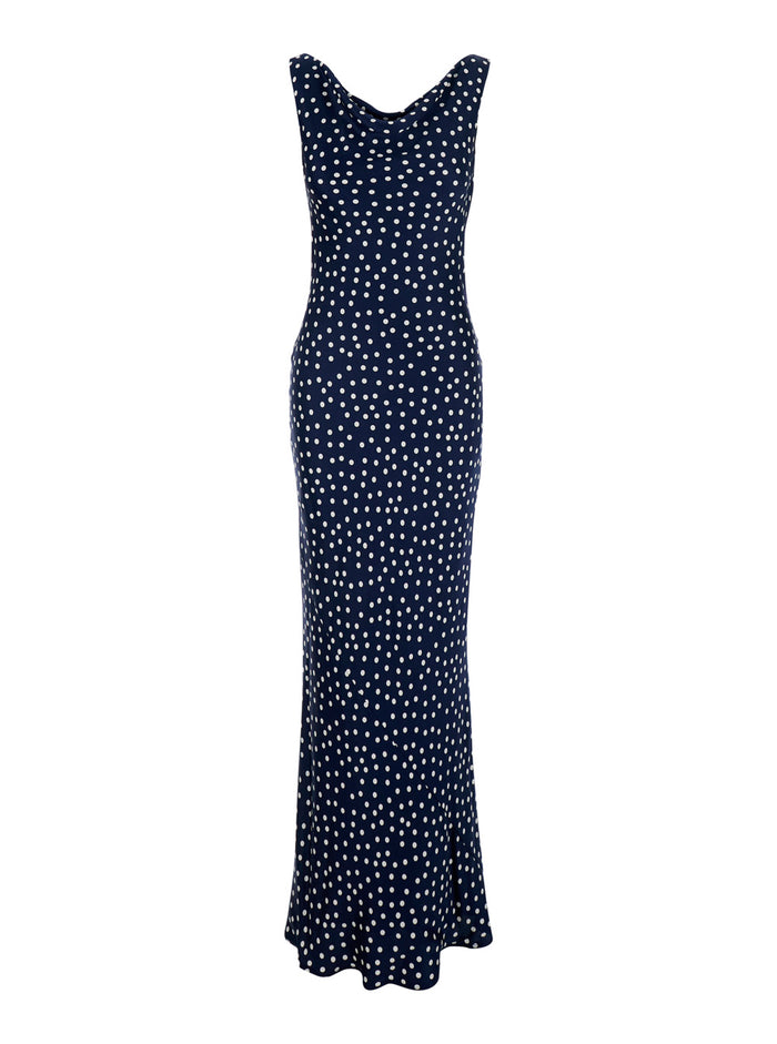 Blue Long Dress with All-Over Polka Dot Motif in Tech Fabric Woman Blu Polyester