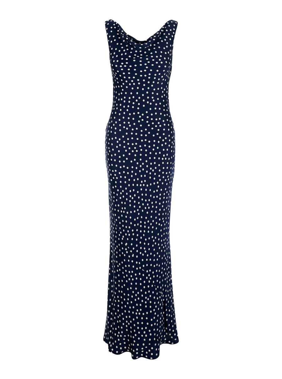 Long Dress Blue Polka Dot Polyester