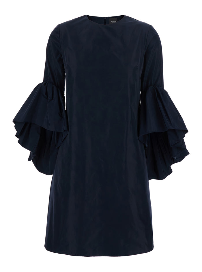 Blue Crew Neck Dress with Flared Draped Sleeves for Women Blu
