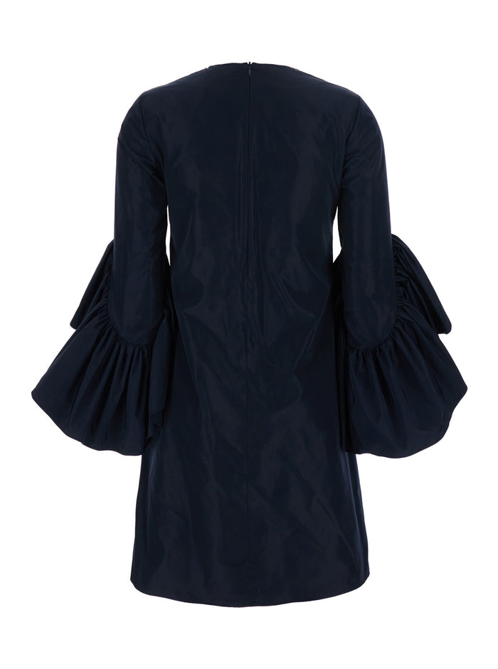 Blue Crew Neck Dress with Flared Draped Sleeves for Women Blu