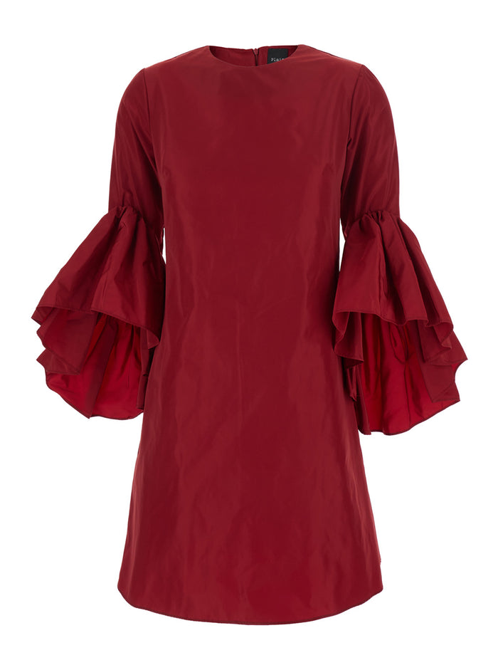 Red Crew Neck Dress With Flared Draped Sleeves Silk Blend Woman