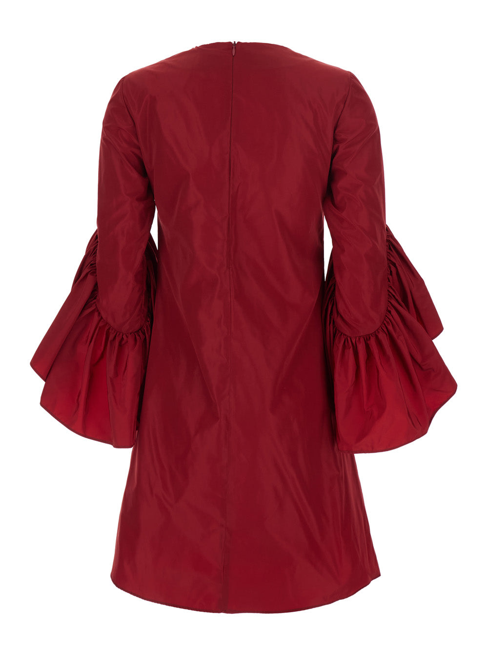 Red Crew Neck Dress With Flared Draped Sleeves Silk Blend Woman