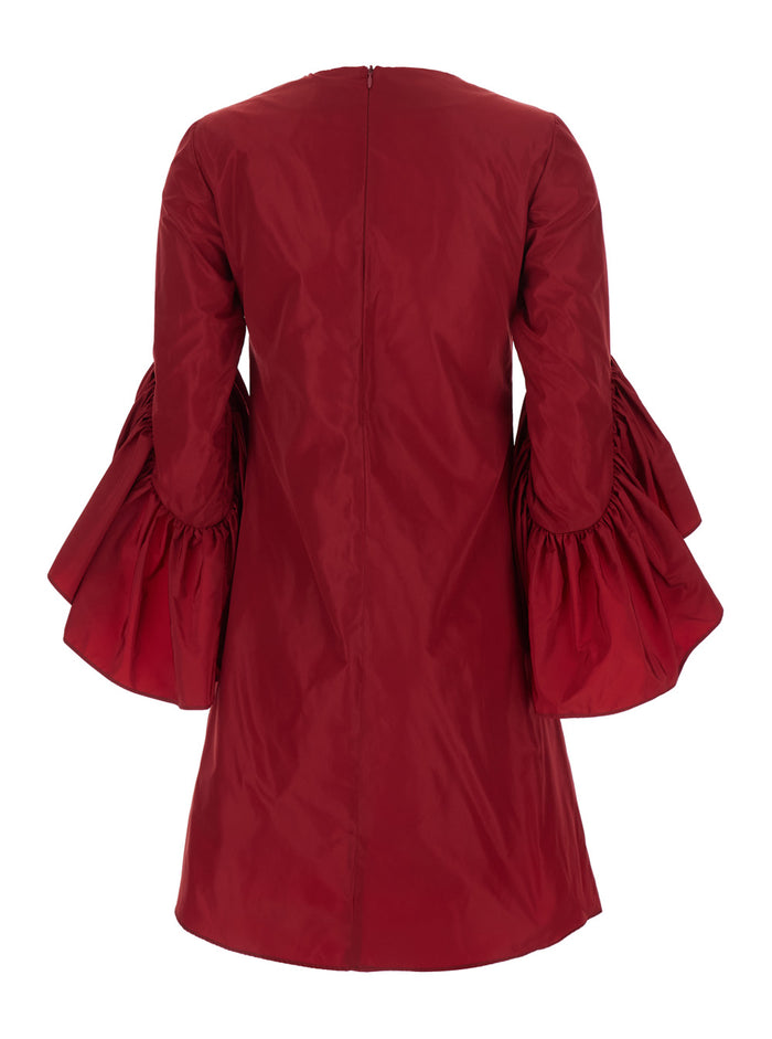 Red Crew Neck Dress With Flared Draped Sleeves Silk Blend Woman