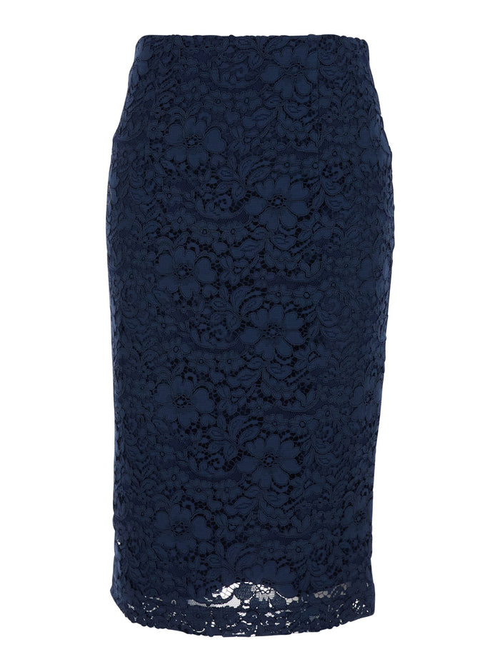 Midi Skirt with Lace Design and Back Vent Blu