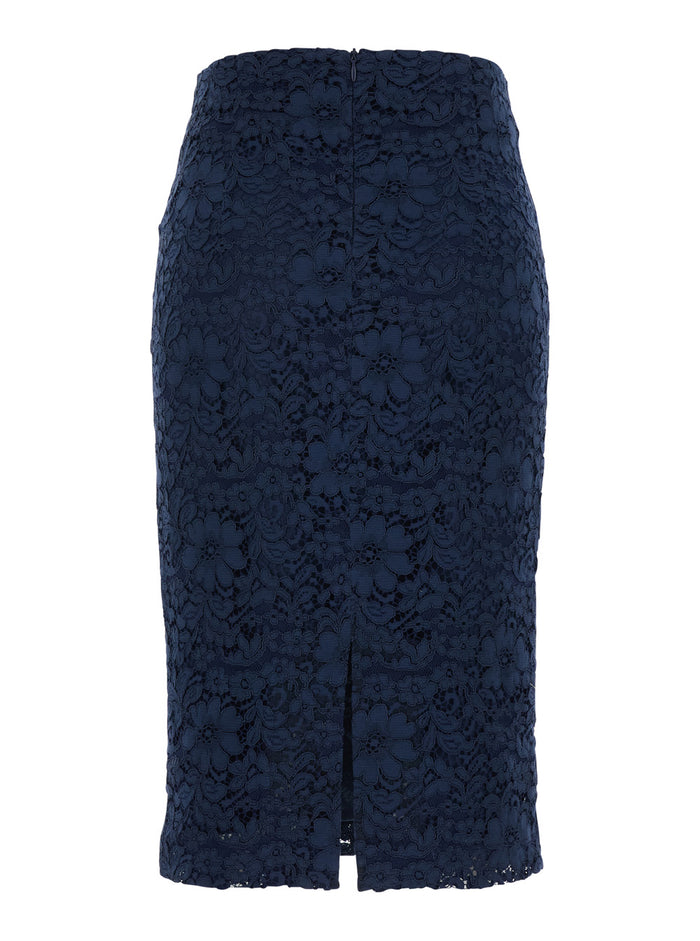 Midi Skirt with Lace Design and Back Vent Blu