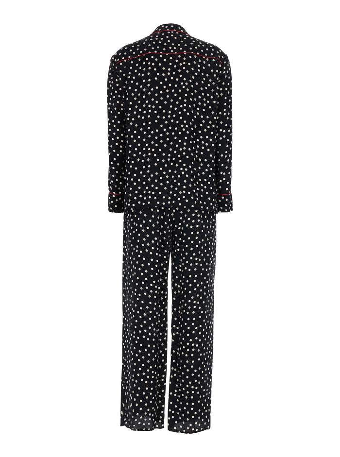 Black Pajama suit with Polka Dot Motif in Silk Blend Women Suits