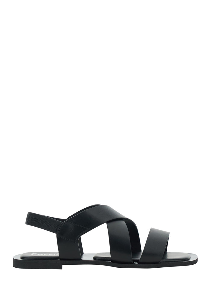 Flat Sandal - With Black Leather Strap For Women Calf Shoes