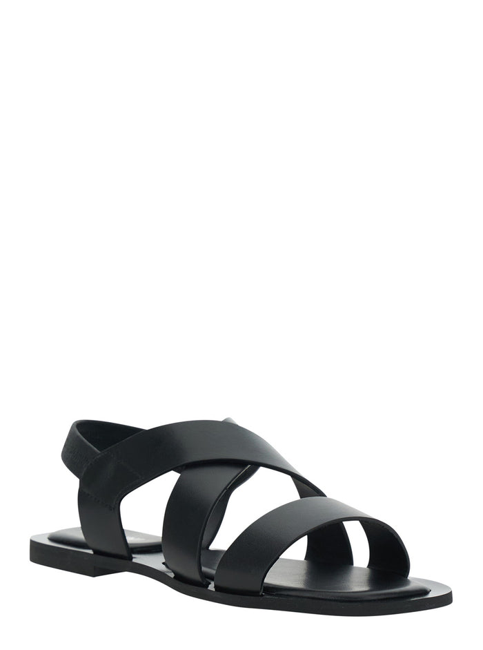 Flat Sandal - With Black Leather Strap For Women Calf Shoes