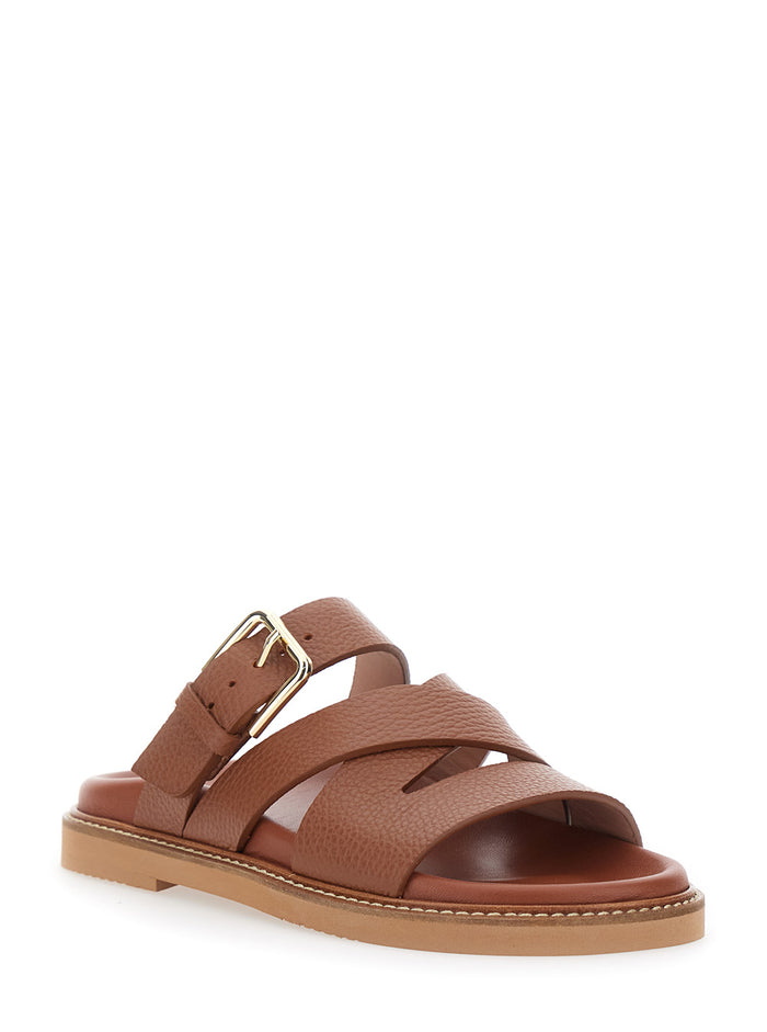 Brown Leather Open Toe Sandals with Buckle Closure for Women Calf Flat Shoes