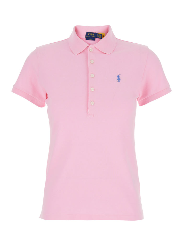 Julie Pink Polo with Classic Collar and Pony Embroidery on the Front in Stretch Cotton Women Elastane Tshirts Shirts