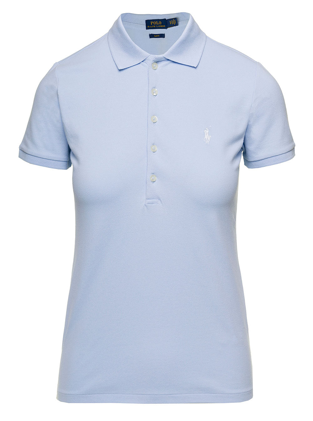 Julie Light Blue Polo with Classic Collar and Pony Embroidery on the Front in Stretch Cotton Woman Elastane Tshirts Shirts