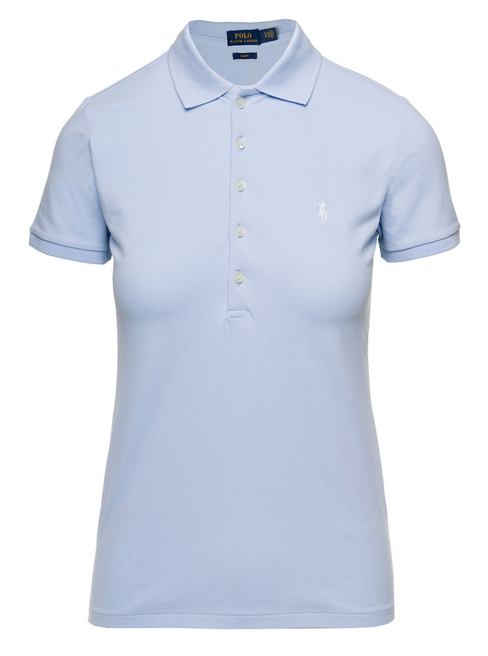 Julie Light Blue Polo with Classic Collar and Pony Embroidery on the Front in Stretch Cotton Woman Elastane Tshirts Shirts