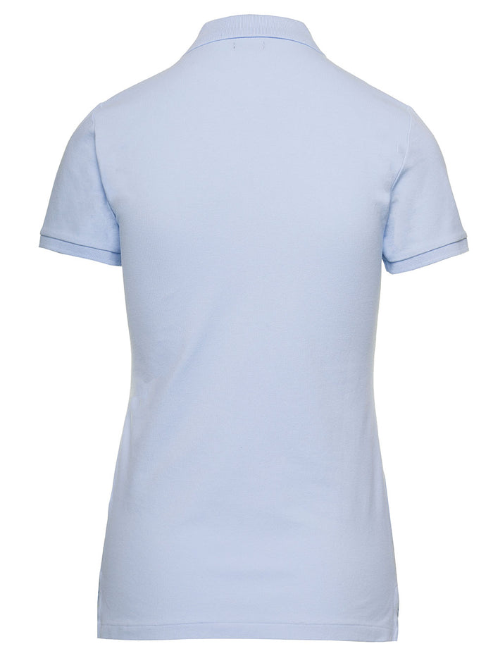Julie Light Blue Polo with Classic Collar and Pony Embroidery on the Front in Stretch Cotton Woman Elastane Tshirts Shirts