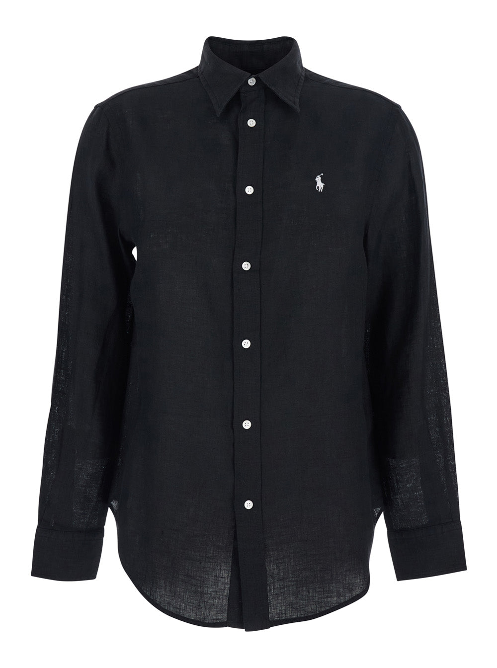 Classic Fit Black Shirt With Pointed Collar And Embroidered Pony Logo On Front Linen Woman Blouses