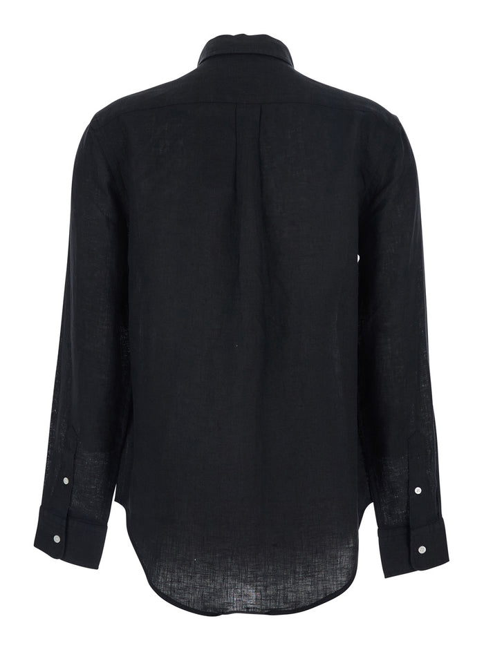 Classic Fit Black Shirt With Pointed Collar And Embroidered Pony Logo On Front Linen Woman Blouses