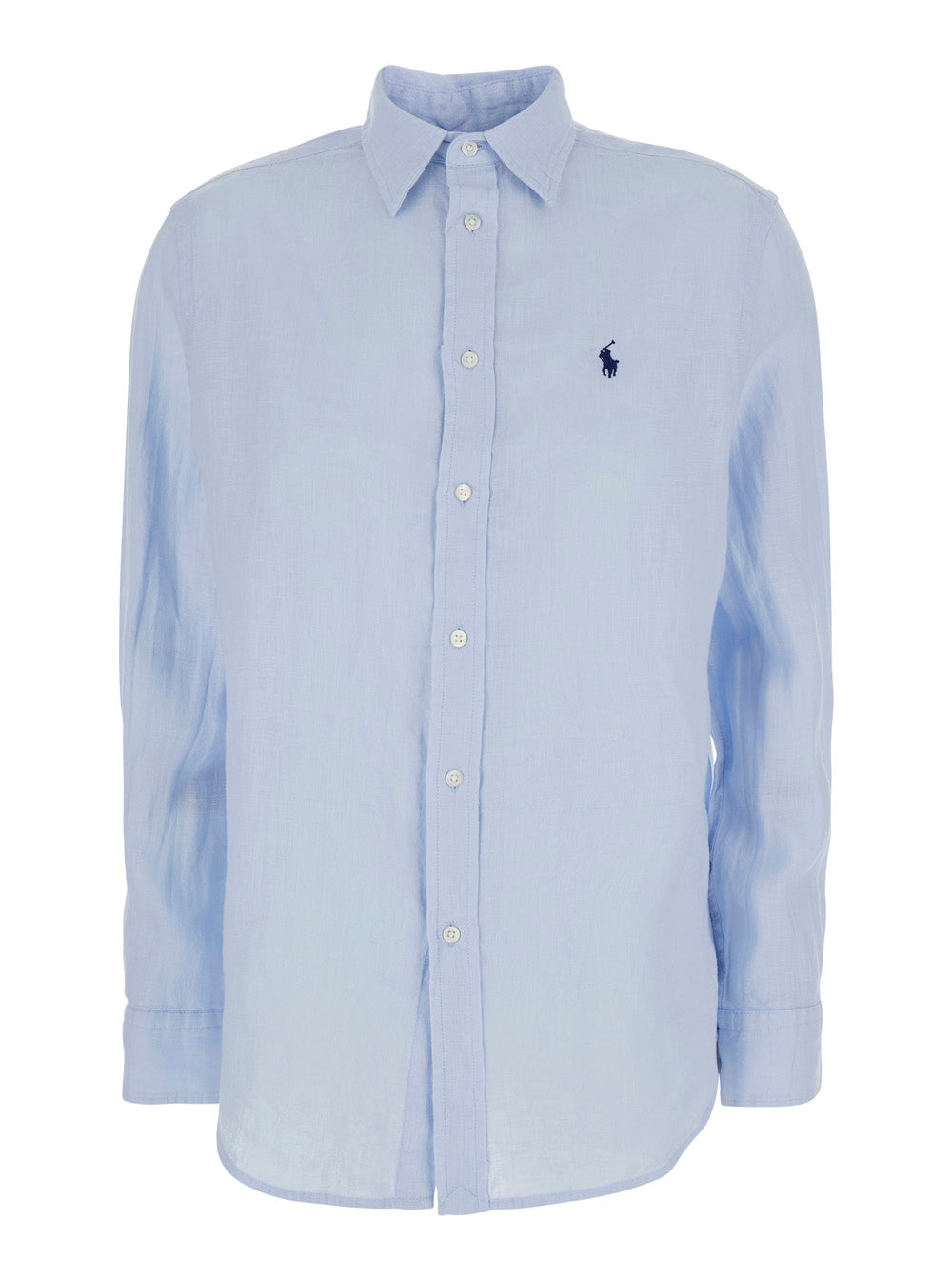 Classic Fit Light Blue Shirt with Pointed Collar and Embroidered Pony Logo on the Front in Linen Women Blouses