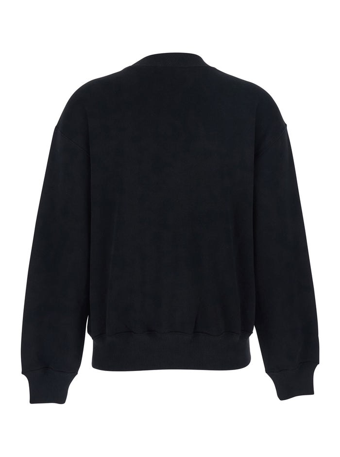 Black Crewneck Sweatshirt with Dropped Shoulders and Embroidered Pony on the Front in Cotton Blend for Women Polyester Sweatshirts