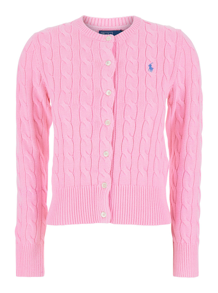 Pink Crew Neck Cardigan with Pony Embroidery on the Front and Cable Knit in Cotton for Women Jersey
