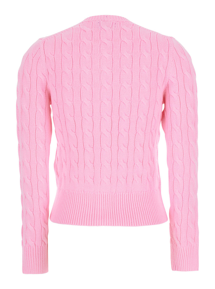 Pink Crew Neck Cardigan with Pony Embroidery on the Front and Cable Knit in Cotton for Women Jersey