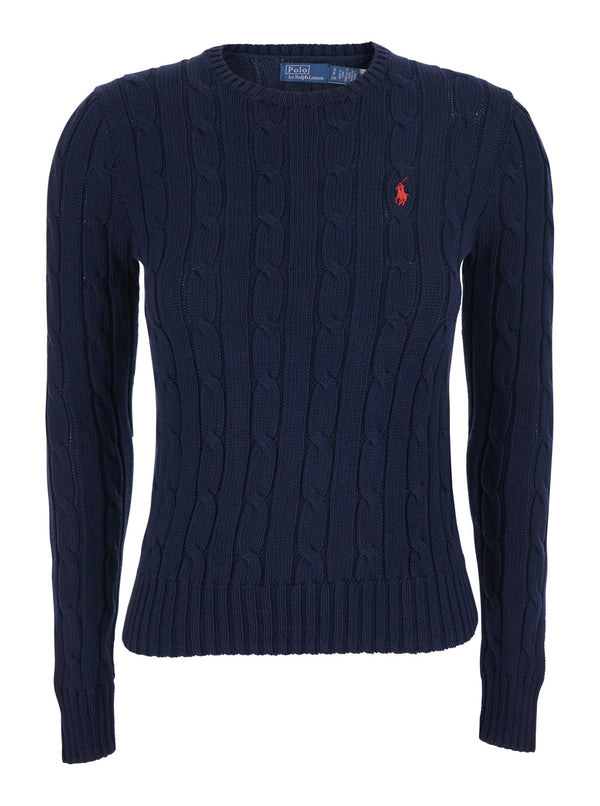 Crew Neck Sweater Pony Embroidery Blue Cotton Tops