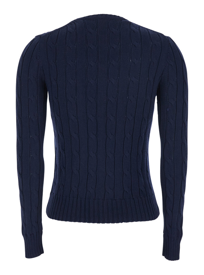 Blue Crew Neck Sweater with Pony Embroidery on the Front in Cotton Woman Blu Jersey