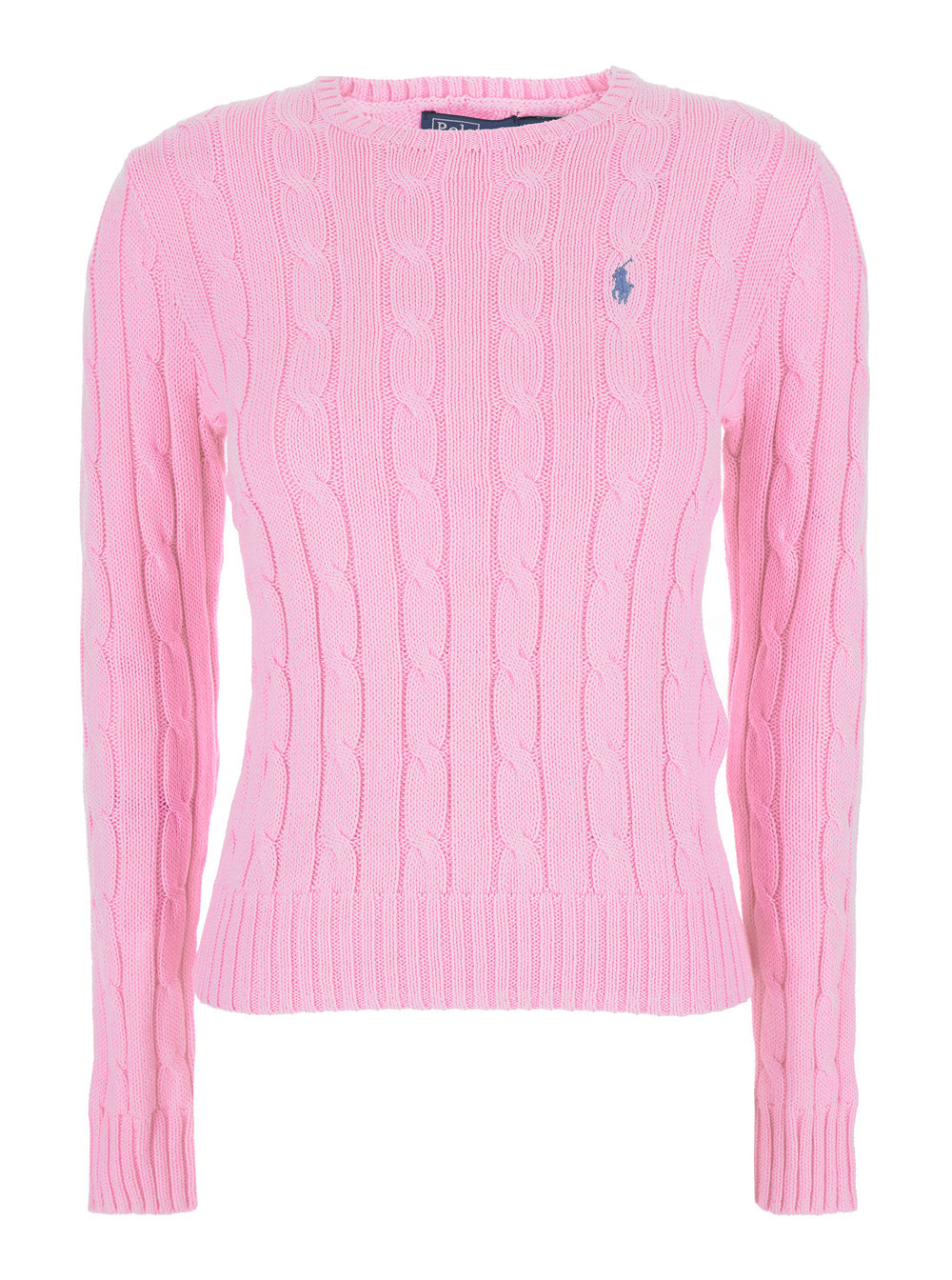 Pink Crewneck Sweater with Pony Embroidery on the Front and Cable Knit in Cotton for Women Jersey