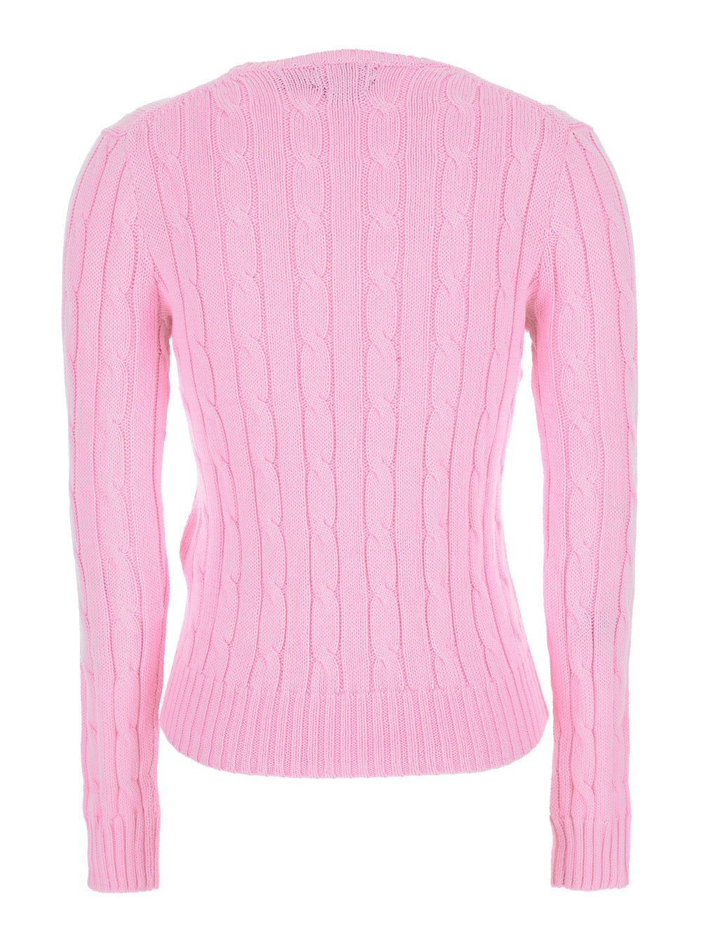 Pink Crewneck Sweater with Pony Embroidery on the Front and Cable Knit in Cotton for Women Jersey