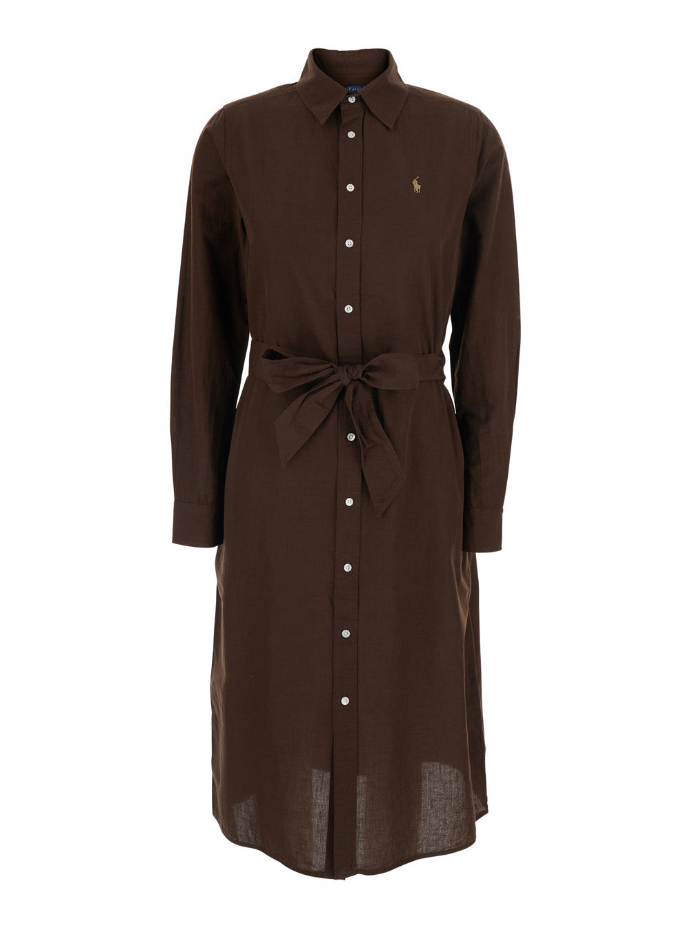 Brown Dress with Long Sleeves and Front Closure in Cotton Linen for Women