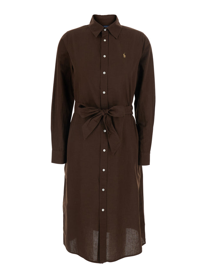 Brown Dress with Long Sleeves and Front Closure in Cotton Linen for Women