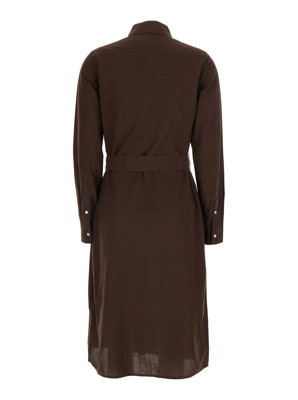Brown Dress with Long Sleeves and Front Closure in Cotton Linen for Women