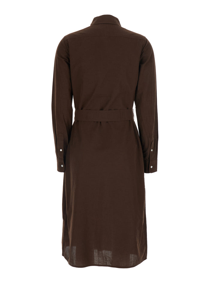 Brown Dress with Long Sleeves and Front Closure in Cotton Linen for Women