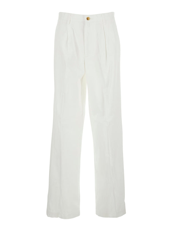 Trousers With Front Pleats, White Cotton