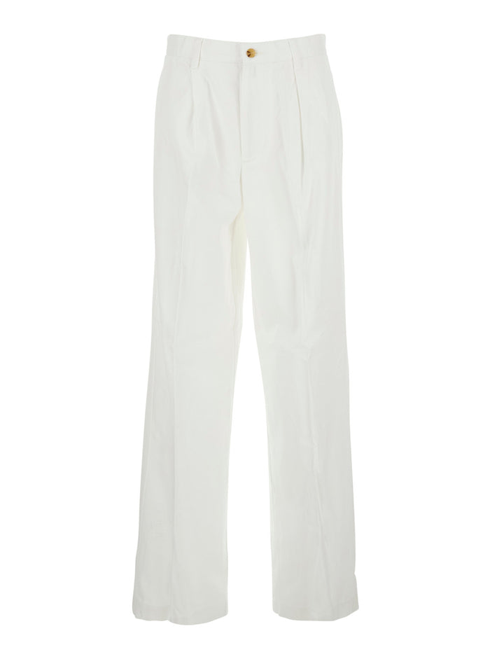 WOVEN-STRAIGHT-PANTS White Cotton Lyocell Trousers