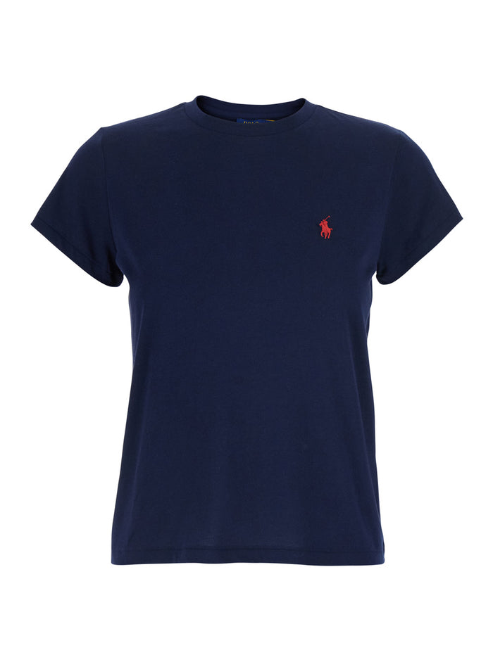 Blue T-Shirt with Pony Detail on the Front in Cotton Woman Blu Tshirts And Polo Shirts