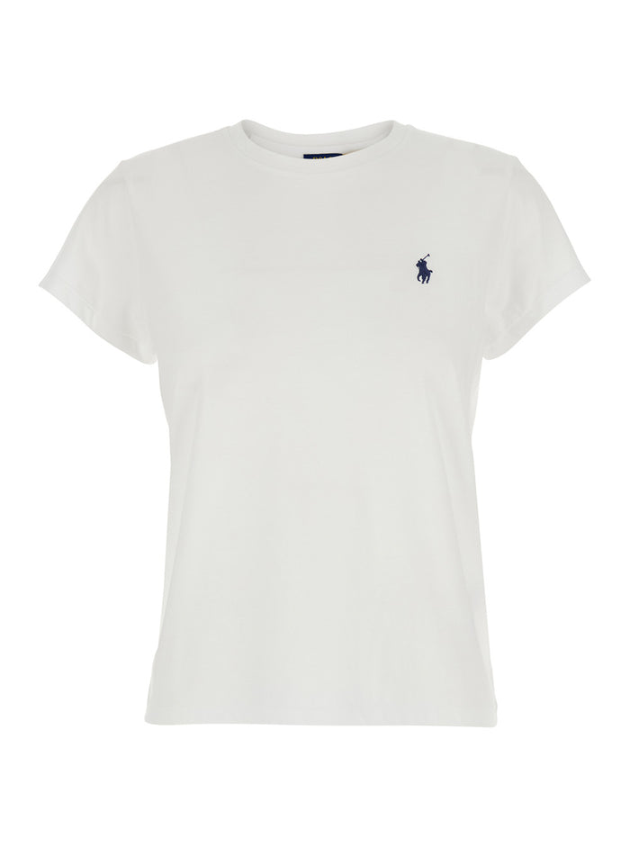 White Crew Neck T-Shirt with Pony Embroidery on the Front in Cotton for Women Tshirts And Polo Shirts
