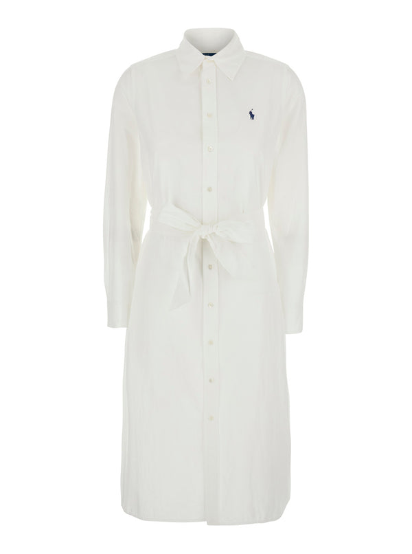 Dress With Classic Collar White Cotton