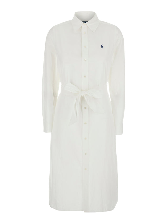 White Dress with Classic Collar and Pony Embroidery on Front in Cotton for Women Linen