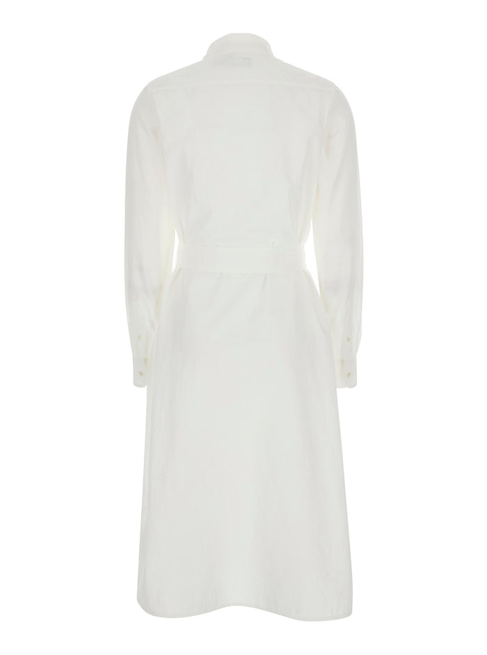 White Dress with Classic Collar and Pony Embroidery on Front in Cotton for Women Linen