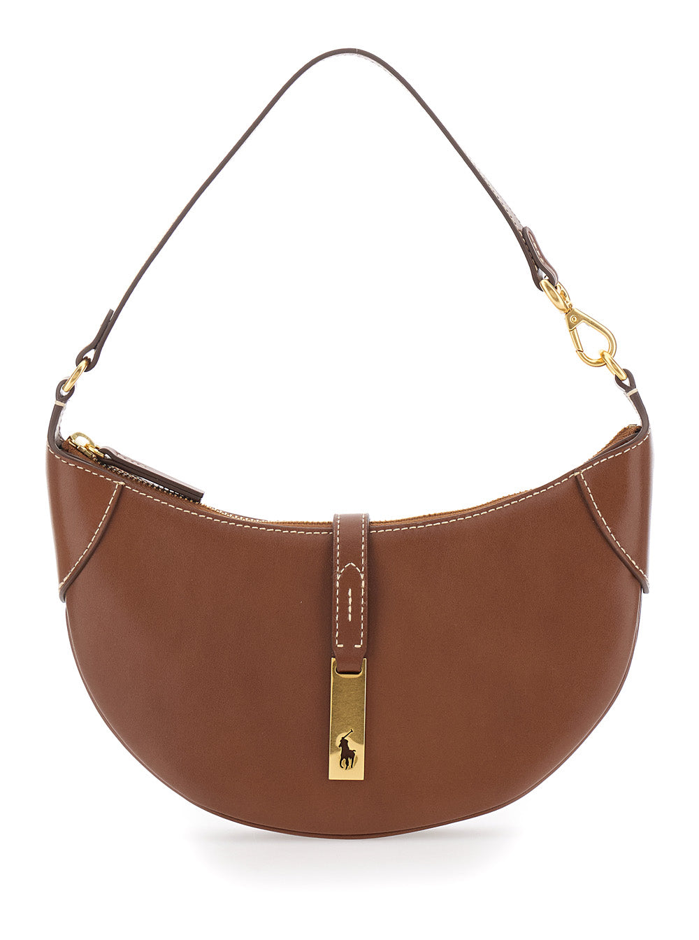 Brown Shoulder Bag with Leather Logo Detail in Smooth Woman Cow