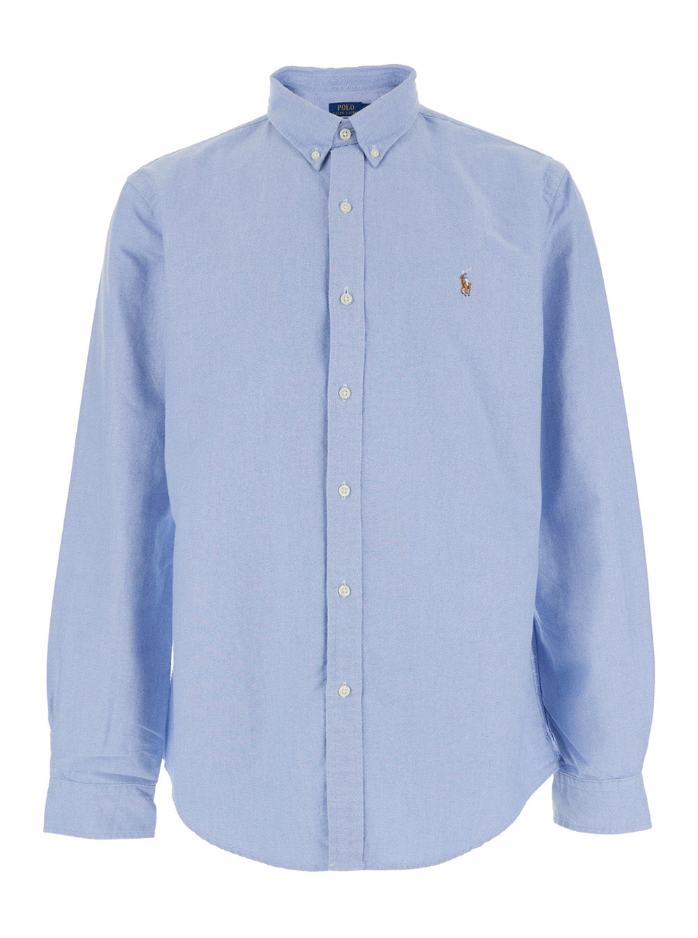 Blue Slim Fit Oxford Shirt with Button Down Collar and Front Embroidery in Cotton for Men Light Blouses
