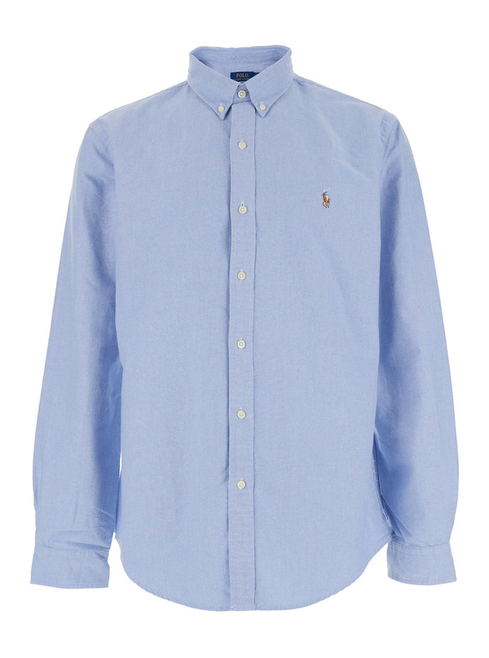 Blue Slim Fit Oxford Shirt with Button Down Collar and Front Embroidery in Cotton for Men Light Blouses