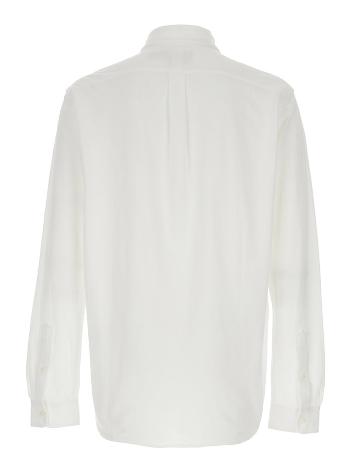 White Long-sleeved Shirt with Button-Down Collar and Pony Embroidery on the Front in Piquet Cotton Men Blouses