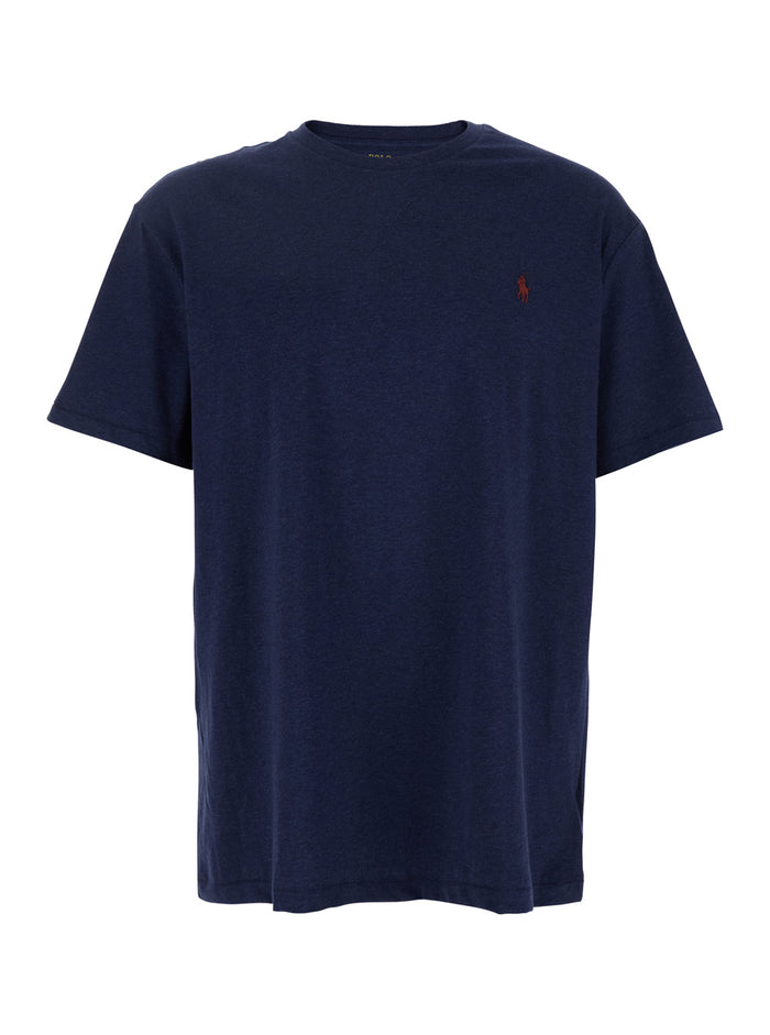 Blue Crew Neck T-Shirt with Pony Detail on the Front in Cotton Man Blu Tshirts And Polo Shirts