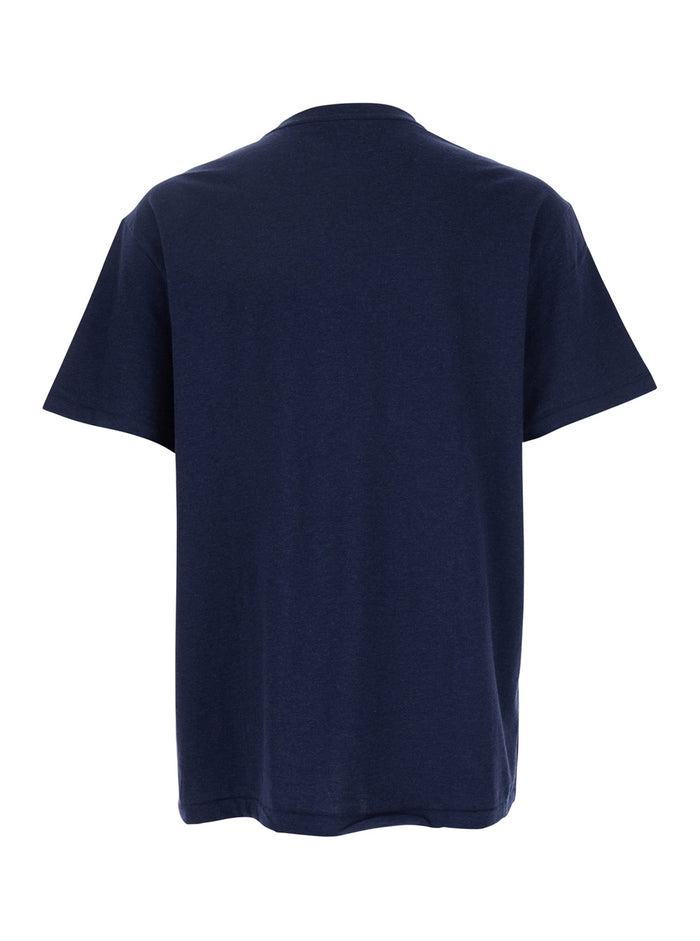 Blue Crew Neck T-Shirt with Pony Detail on the Front in Cotton Man Blu Tshirts And Polo Shirts
